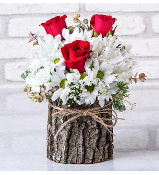 Doğal Ahşap Kütükte Papatya ve Gül